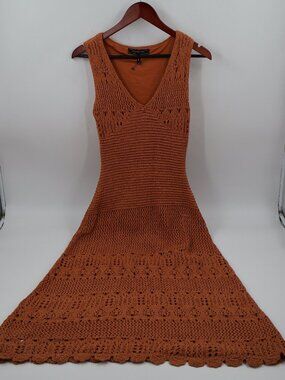BCBGMAXAZRIA Pointelle Knit‎ Dress Womens Medium Orange Boho Midi Scalloped Hem